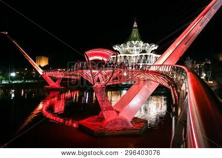 Kuching, Malaysia, April 18, 2019: The Darul Hana Bridge Across Sarawak River Overseeing The Sarawak