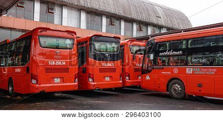 Dalat, Vietnam - Oct 28, 2015. Group Of Phuong Trang Buses Wait To New Trip At Main Bus Station In D