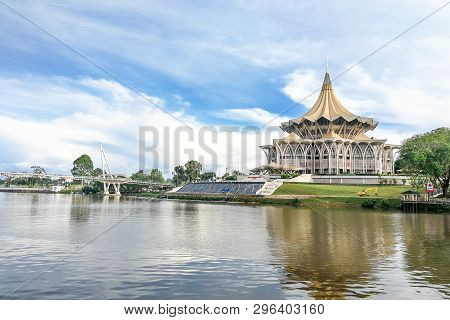 Kuching, Malaysia, April 18, 2019: The Darul Hana Bridge Across Sarawak River Overseeing The Sarawak