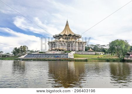 Kuching, Malaysia, April 18, 2019: The Darul Hana Bridge Across Sarawak River Overseeing The Sarawak