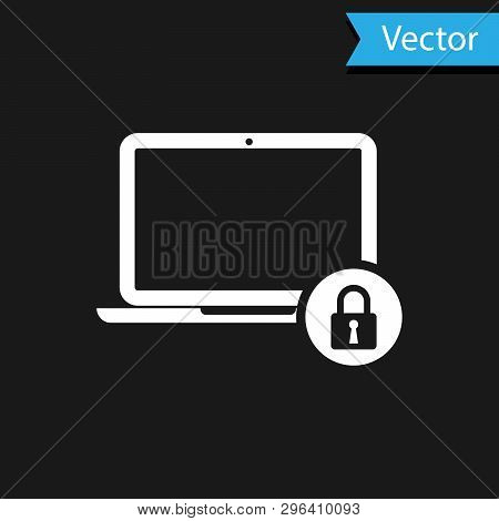 White Laptop And Lock Icon Isolated On Black Background. Computer And Padlock. Security, Safety, Pro