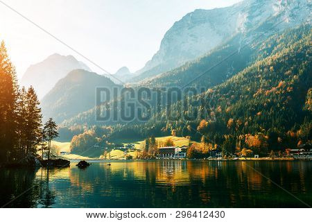 Alps, Lake Hintersee In The Morning, Majestic German Alps Mountains Under Sunlight On A Sunny Day. S
