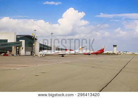 Larnaca, Cyprus - March 02, 2019: Tus Air Airplane (cyprus) And Rossiya Airlines Airplane (russia) I