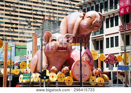 SINGAPORE, SINGAPORE - MARCH 2019: Pig statues in Singapore Chinatown for year of the pig
