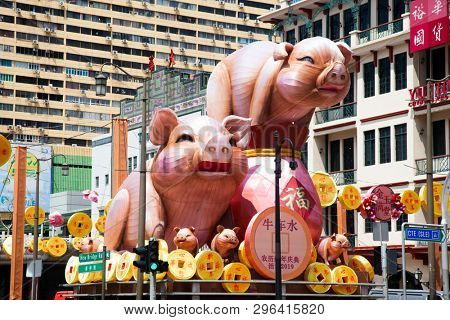 SINGAPORE, SINGAPORE - MARCH 2019: Pig statues in Singapore Chinatown for year of the pig