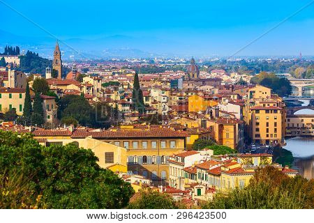 Florence, Italy City Panorama With Oltrarno Houses Santo Spirito Tower And Ponte Vecchio Bridge Acro