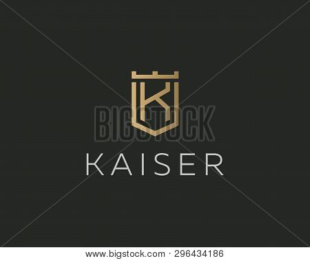 Premium Monogram Letter K Initials Logotype. Elegant Shield Crown Vector Logo.