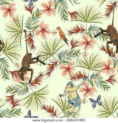 Tropical Seamless Pattern With Flowers, Monkey And Parrots. Vector Floral Patch For Print.