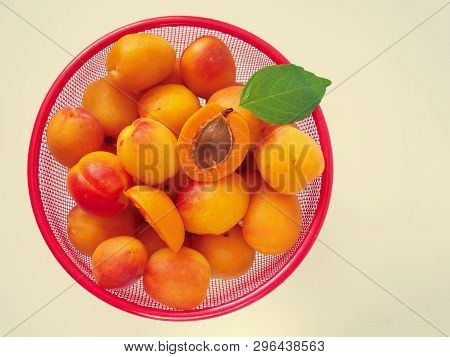 Fresh Bright Orange Appricotes On White. Fresh Fruits Close Up Shot, Top View
