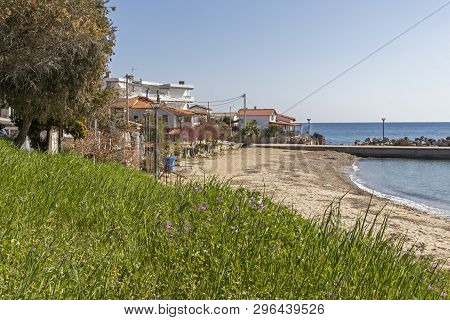 Loutra, Kassandra,  Greece - March 31, 2019: Panorama Of Resort Of Loutra, Kassandra, Chalkidiki, Ce