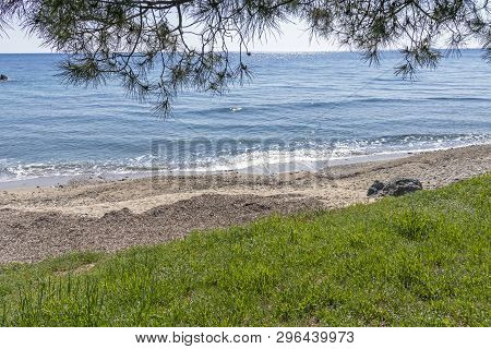 Loutra, Kassandra,  Greece - March 31, 2019: Panorama Of Resort Of Loutra, Kassandra, Chalkidiki, Ce