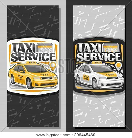 Vector Banners For Taxi Service, Vertical Layouts With Standing Cartoon Sedan And Cellphone, Origina