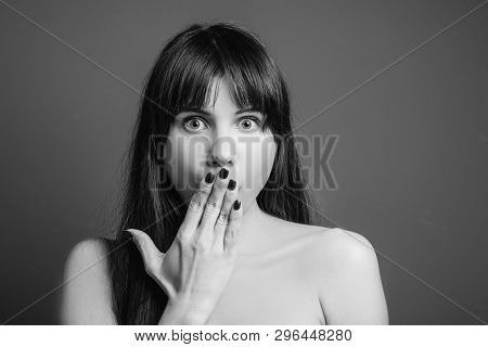 Abashed Beautiful Woman. Shocked Facial Expression. Black And White Closeup Portrait Of Emotional Br