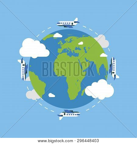 Earth Globe With Plane. Earth In Flat Style. Plane Flying. Earth. Vector