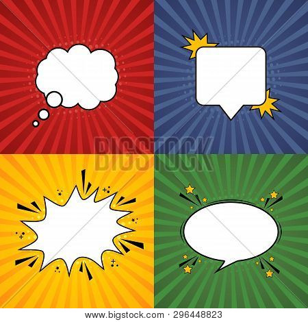 Comic Speech Bubble. Retro Burst Background In Pop Style. Set Of Retro Background Form With Various