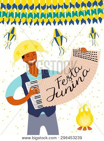 Festa Junina Poster With A Musician Playing Accordion, Lanterns, Bunting, Portuguese Text. Hand Draw