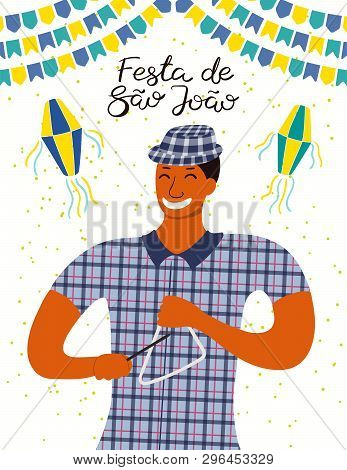 Festa Junina Poster With A Musician Playing Triangle, Lanterns, Bunting, Portuguese Text Festa De Sa
