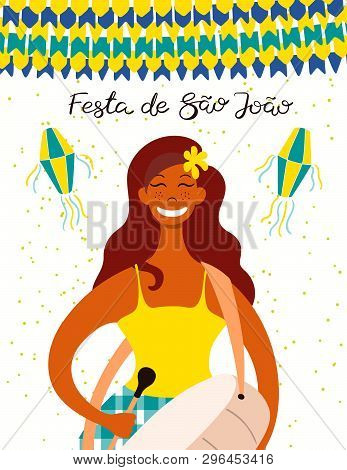 Festa Junina Poster With A Musician Playing Drum, Lanterns, Bunting, Portuguese Text Festa De Sao Jo