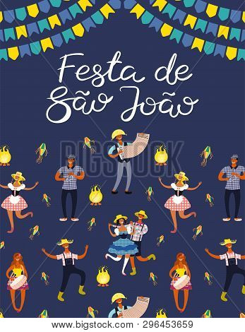 Festa Junina Poster With Dancing People, Musicians, Lanterns, Bunting, Bonfire, Portuguese Text Fest