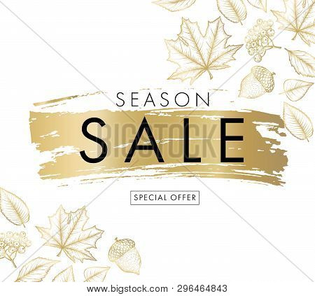 Season Sale Advertising Banner With Leaves, Sketch In Golden Colors