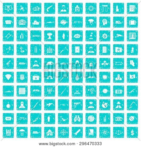 100 Antiterrorism Icons Set In Grunge Style Blue Color Isolated On White Background Illustration