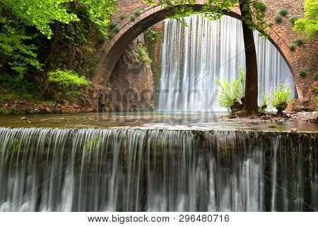 Stunning Spring Landscape.paleokarya, Old, Stone, Arched Bridge, Between Two Waterfalls. Trikala Pre