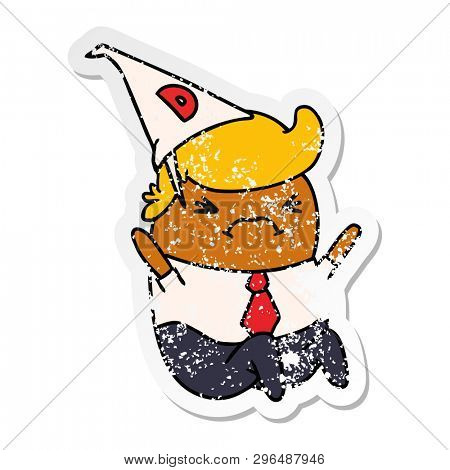 Hand drawn distressed sticker cartoon kawaii man in dunce hat