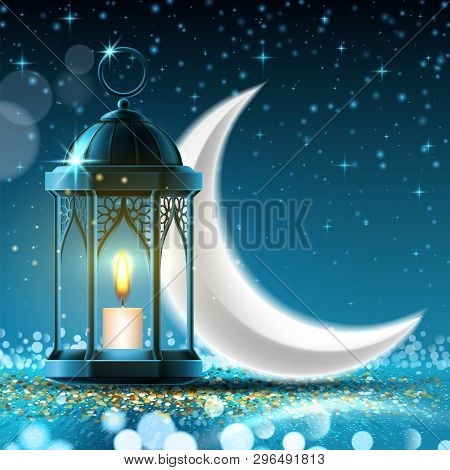 Night Moon Or Crescent Behind Lantern Or Lamp, Fanoos Or Fanous With Candle, Bokeh. Background For R