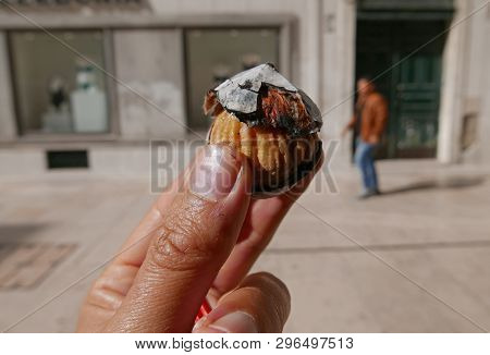 Typical Street Food In Lisbon Portugal,roasted Chestnut Castanhas Assadas