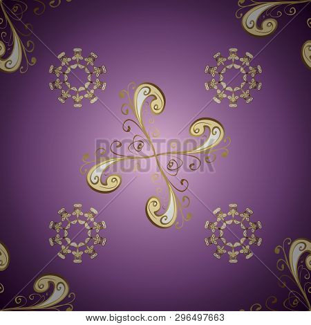 Seamless Textured Curls. Oriental Style Arabesques Golden Pattern On A Neutral And Purple Colors Wit