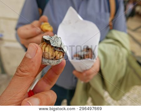 Typical Street Food In Lisbon Portugal,roasted Chestnut Castanhas Assadas