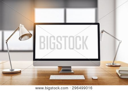 Desktop With Empty White Computer