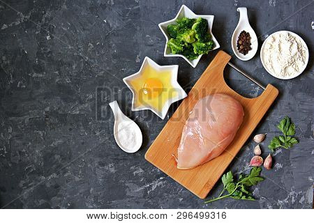 Ngredients For Cooking Chopped Chicken Cutlets Or Rissole With Broccoli: Raw Chicken, Broccoli, Whea