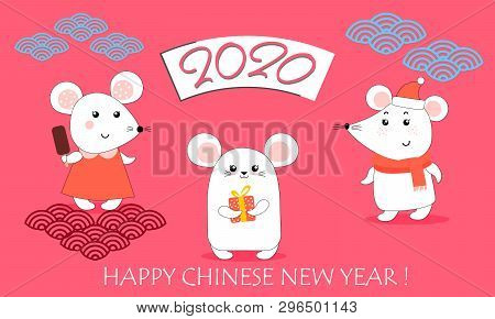 2020 Chinese New Year Greeting Card With Cute Rats, Text, Numbers. Isolated Objects. Cute Small Anim