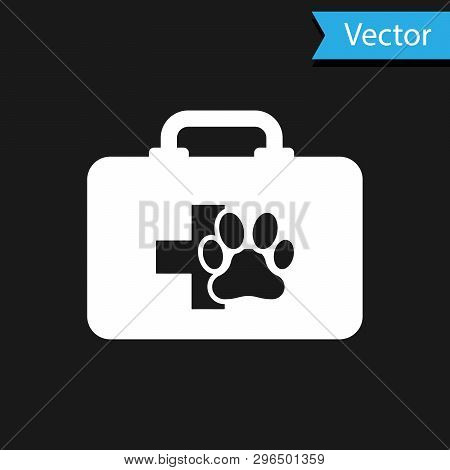 White Pet First Aid Kit Icon Isolated On Black Background. Dog Or Cat Paw Print. Clinic Box. Vector 