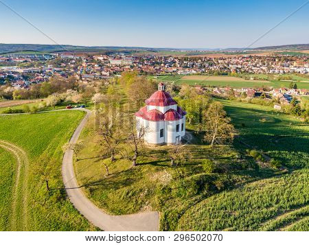 Aerial View Of Baroque Chapel Near Rosice City, Czech Republic. Catholic Religion Building Is Nation