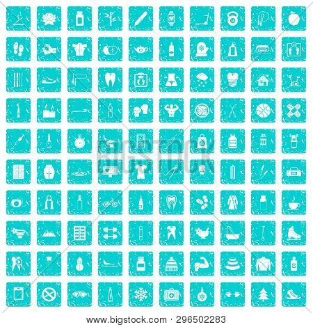 100 Fit Body Icons Set In Grunge Style Blue Color Isolated On White Background Illustration