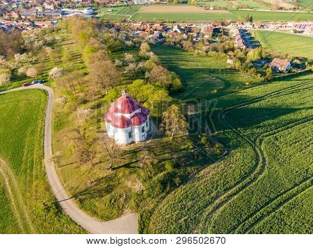 Aerial View Of Baroque Chapel Near Rosice City, Czech Republic. Catholic Religion Building Is Nation