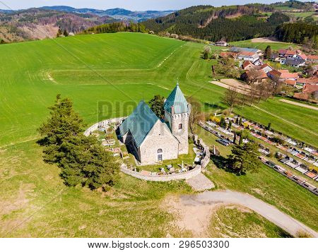 Aerial View Of St Michael Chapel In Czech Republic. Chapel Is One Of The Oldest Church In Country. F