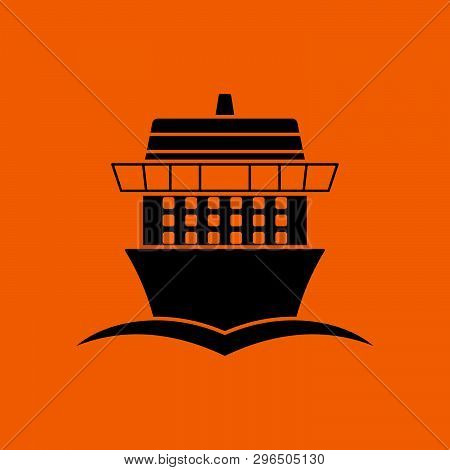 Cruise Liner Icon Front View. Black On Orange Background. Vector Illustration.