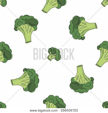 Broccoli Colored Isolated Seamless Pattern On White Background.