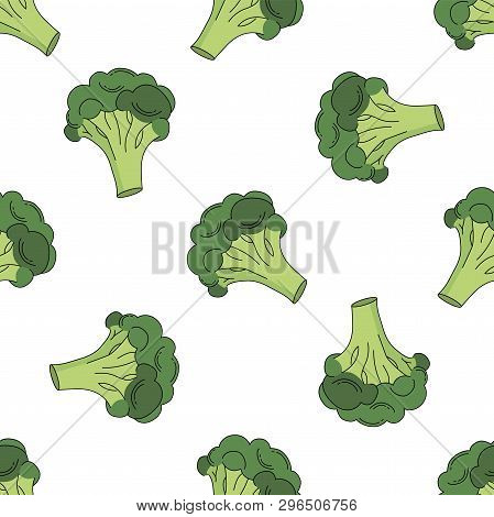 Broccoli Colored Isolated Seamless Pattern On White Background.