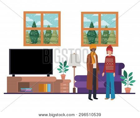 Couple Living Room With View The Landscape By Window Vector Illustration Desing