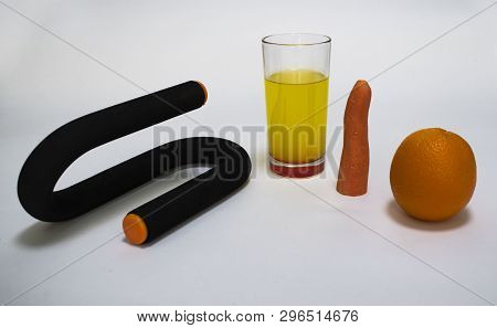 Sports Equipment For Spin Lying Lemonade Carrot Orange On Isolated Background