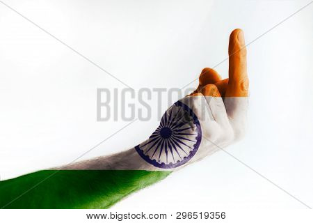 Mature Male Hand Painted In Colors Of Indian Flag Shows Sign