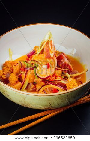 Bowl Full Of Salmon And Tuna Ceviche, Fusion Of Peruvian And Japanese Food