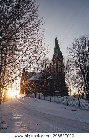 Sunrise At The Church Of Forssa On A Cold And Snowy Winter Morning, Forssa Finland