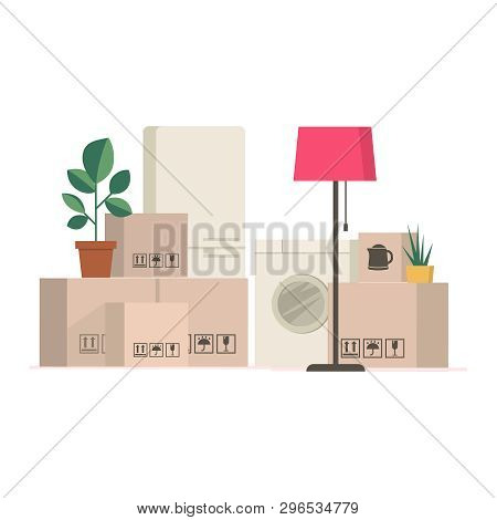 Cardboard Boxes And Packed Household Stuff - Moving To A New House Or Office.