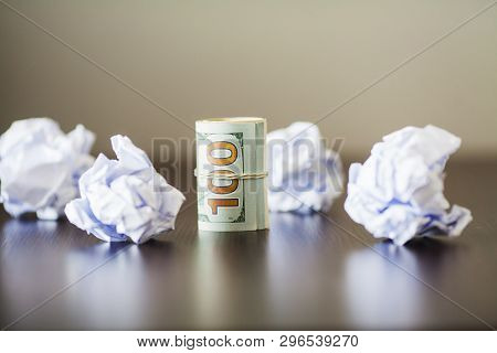 Great Idea Concept. Crumpled Colorful Paper On Wooden Table