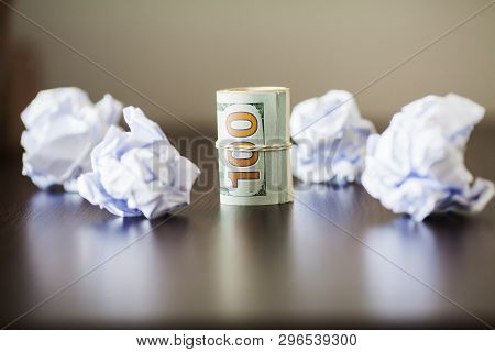 Great Idea Concept. Crumpled Colorful Paper On Wooden Table